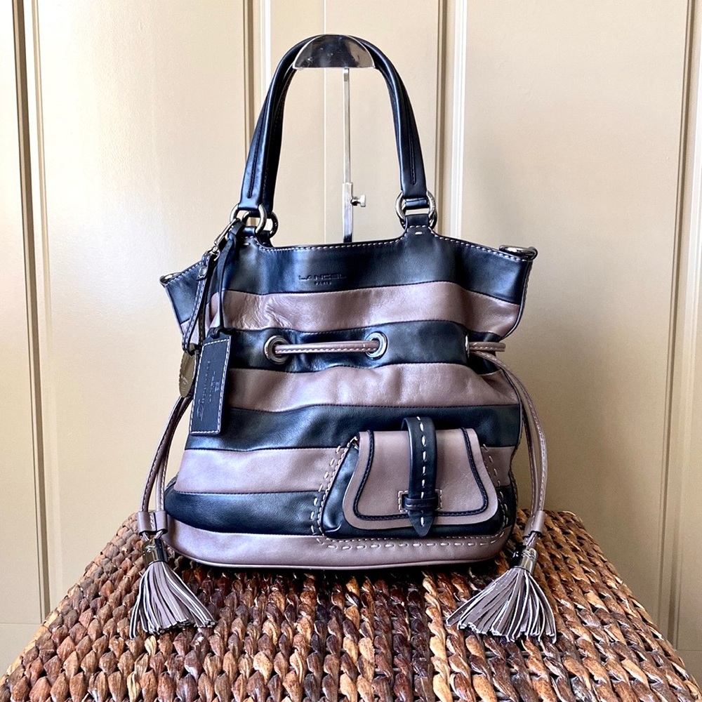 Lancel Premier Flirt Black and Brown Stripe (M) Medium Bucket Bag